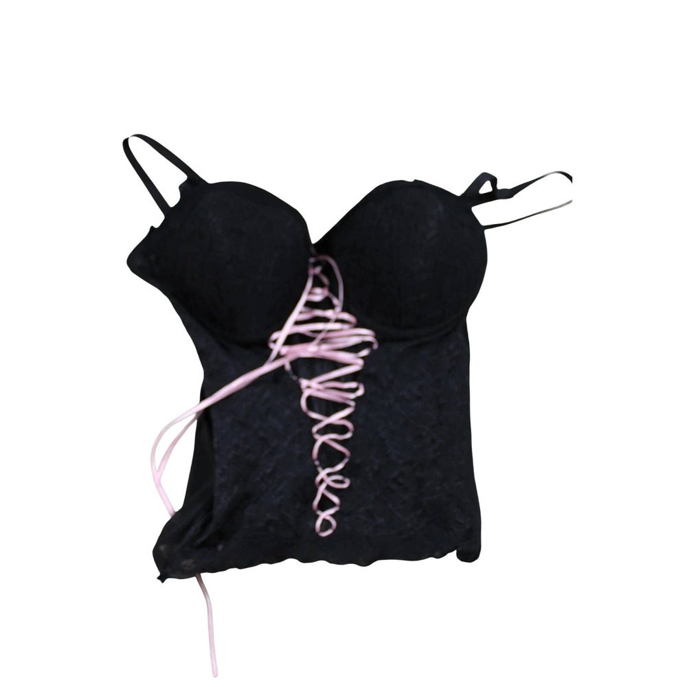 Nature Intimates Lace Up Bustier Corset Top 34C Black Pink Floral Lace Goth Y2K